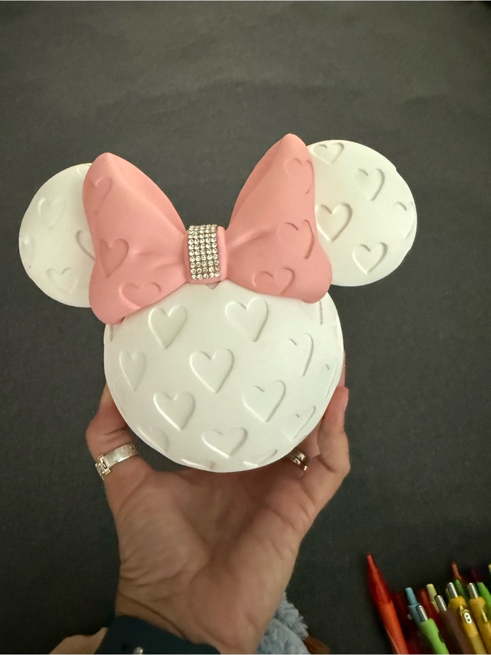 Disney White Minnie Head with Pink Bow and Rhinestone Accent